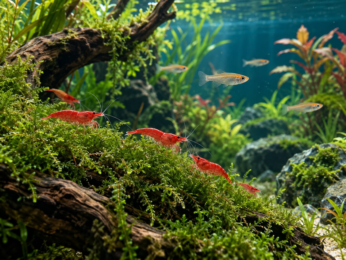 Red cherry shrimp grazing on moss beside small fish in a planted aquarium